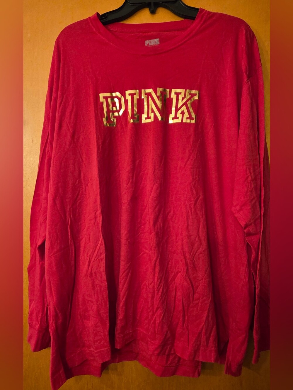 VS PINK Red Long Sleeve Tee - Gold Collegiate Logo, Sz XL